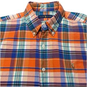 Ralph Lauren Shirt L Mens L/S OCBD Orange Multicolor Plaid Flesh Pony Preppy